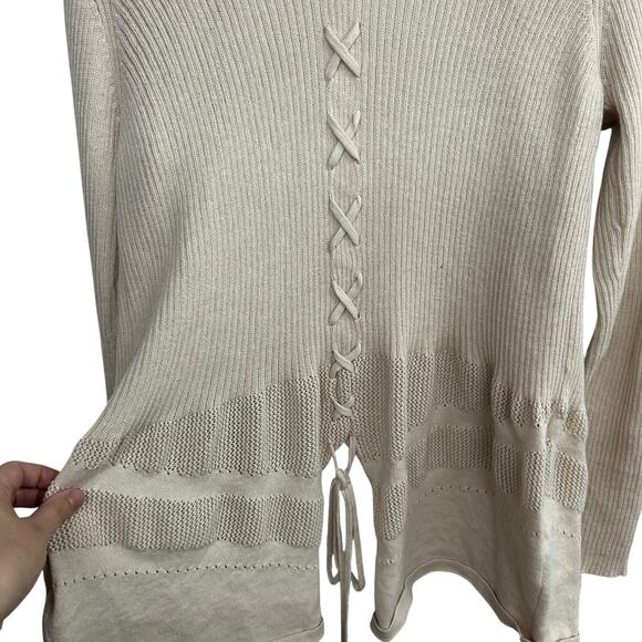 August Silk Beige Open Cardigan M Lace Back Minimalist Quiet Lux Elevated Basics - Picture 5 of 9